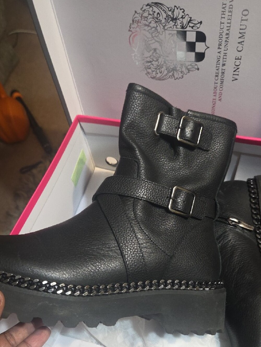 Vince Camuto Black Leather Buckle & Chain Trim Heeled Ankle Boots - Picture 2 of 3
